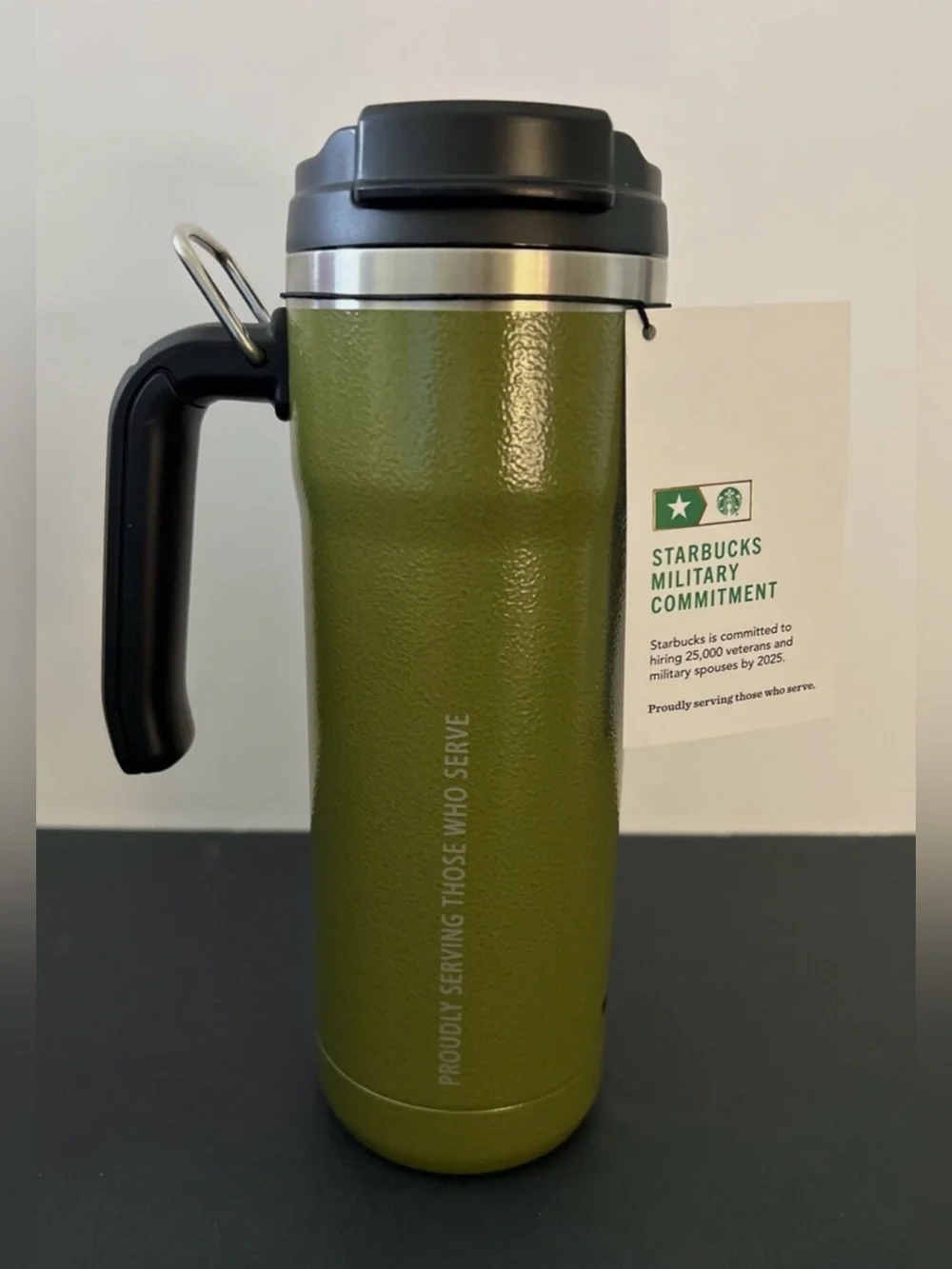 Starbucks Olive Green Travel Mug with Black Handle and Silver Trim